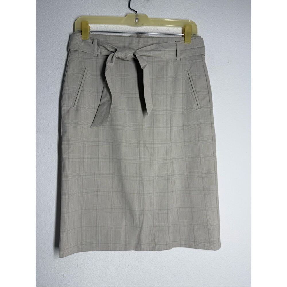 Benetton Women's Pencil Skirt Gray Tan Belted Plaid Size M See Description